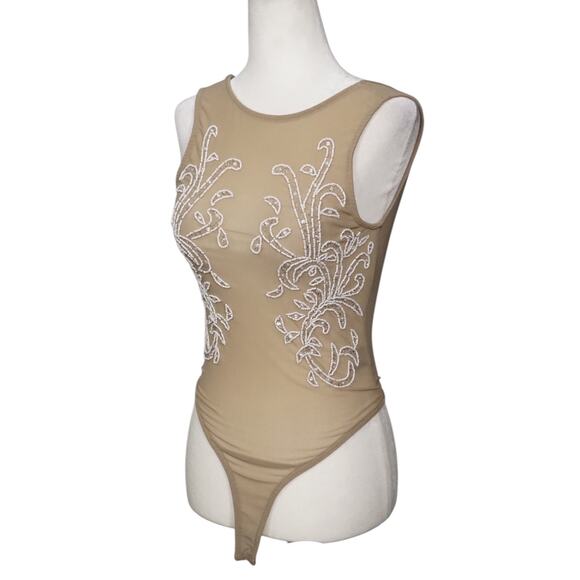 Nude Women's S Size S Bead Embellished Mesh Bodysuit Tan Elevated Basic Layering - Picture 3 of 10
